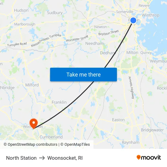 North Station to Woonsocket, RI map