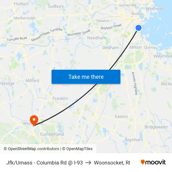 Jfk/Umass - Columbia Rd @ I-93 to Woonsocket, RI map