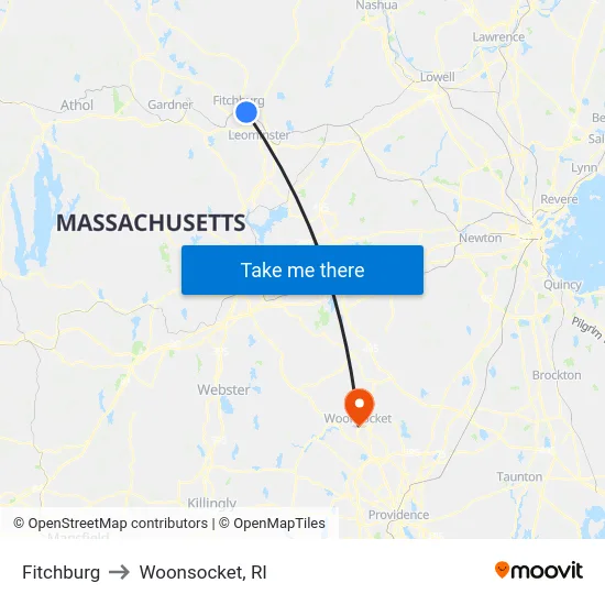 Fitchburg to Woonsocket, RI map