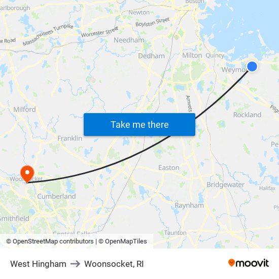 West Hingham to Woonsocket, RI map