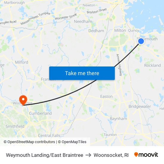 Weymouth Landing/East Braintree to Woonsocket, RI map