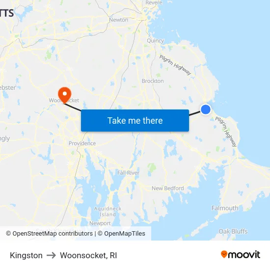 Kingston to Woonsocket, RI map
