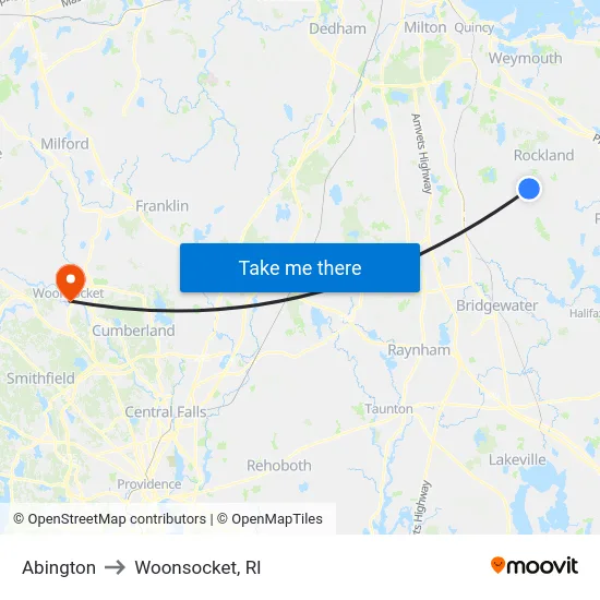 Abington to Woonsocket, RI map