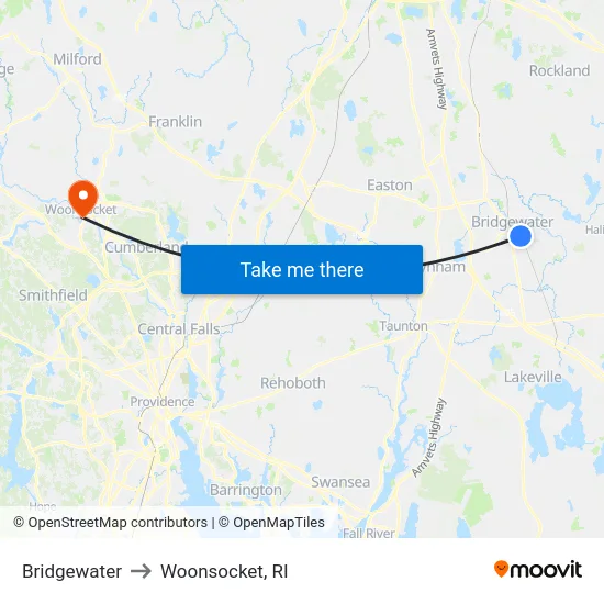 Bridgewater to Woonsocket, RI map