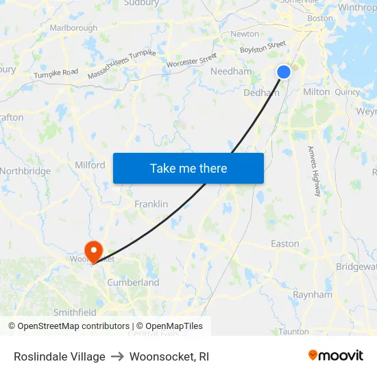 Roslindale Village to Woonsocket, RI map