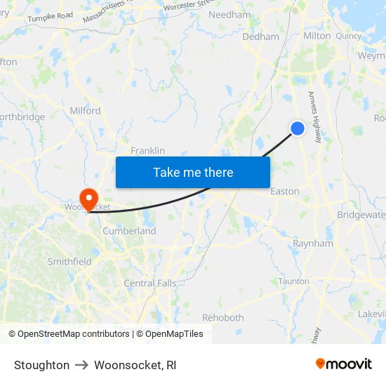 Stoughton to Woonsocket, RI map