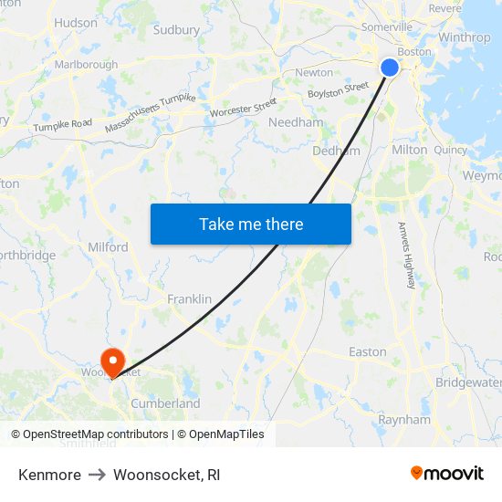 Kenmore to Woonsocket, RI map