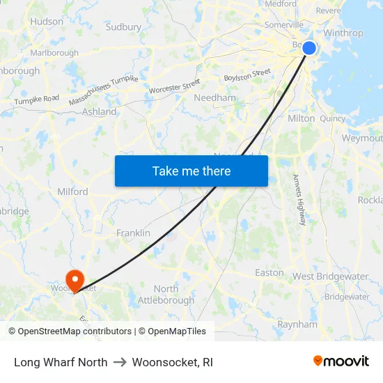 Long Wharf North to Woonsocket, RI map