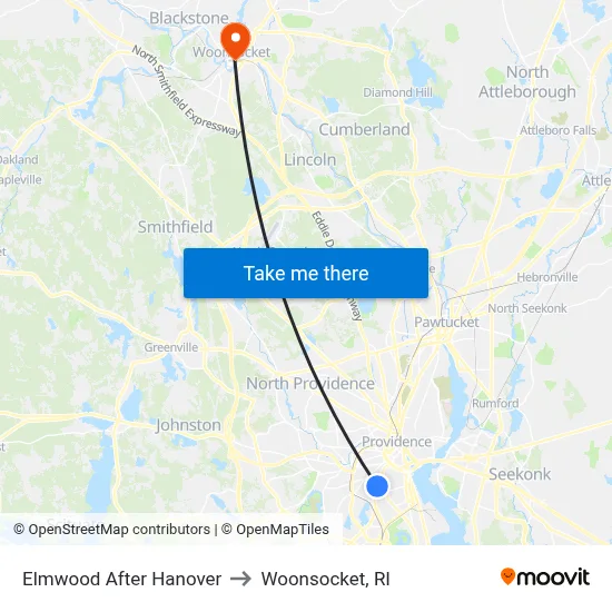 Elmwood After Hanover to Woonsocket, RI map