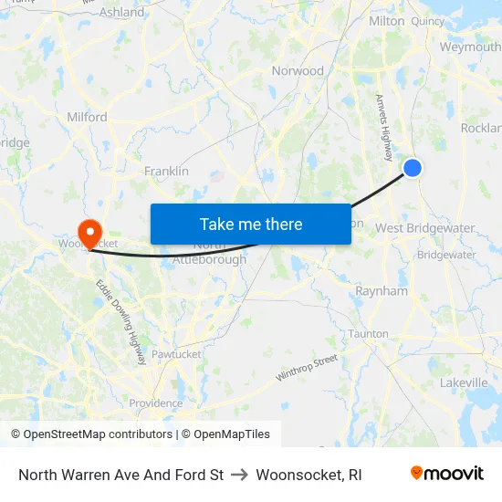 North Warren Ave And Ford St to Woonsocket, RI map