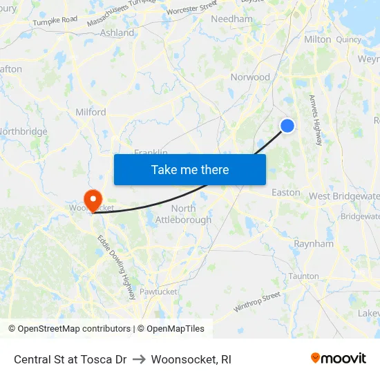 Central St at Tosca Dr to Woonsocket, RI map