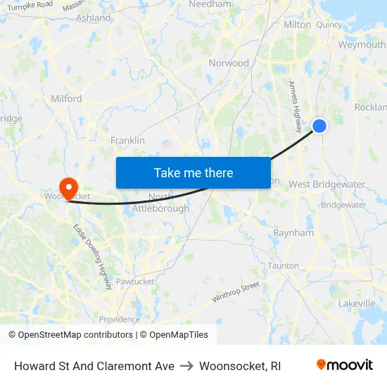 Howard St And Claremont Ave to Woonsocket, RI map
