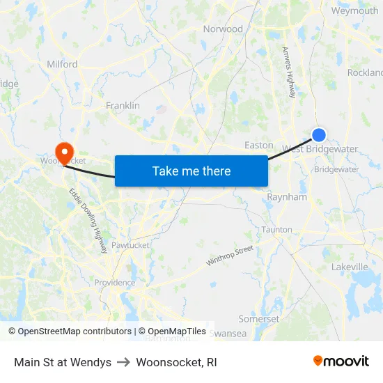 Main St at Wendys to Woonsocket, RI map