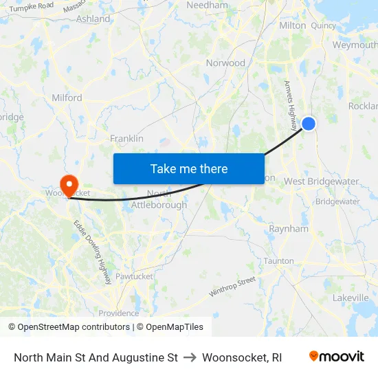 North Main St And Augustine St to Woonsocket, RI map