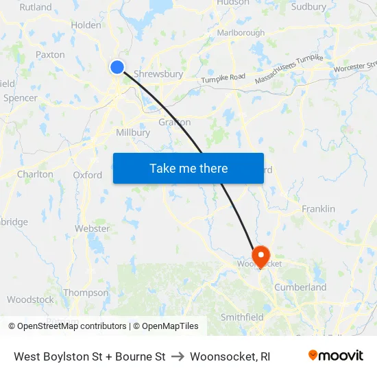 West Boylston St + Bourne St to Woonsocket, RI map