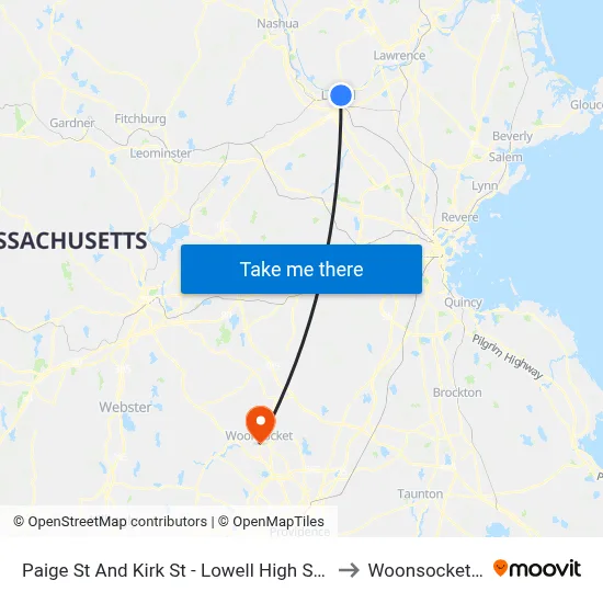 Paige St And Kirk St - Lowell High School to Woonsocket, RI map