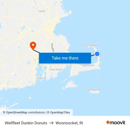 Wellfleet Dunkin Donuts to Woonsocket, RI map