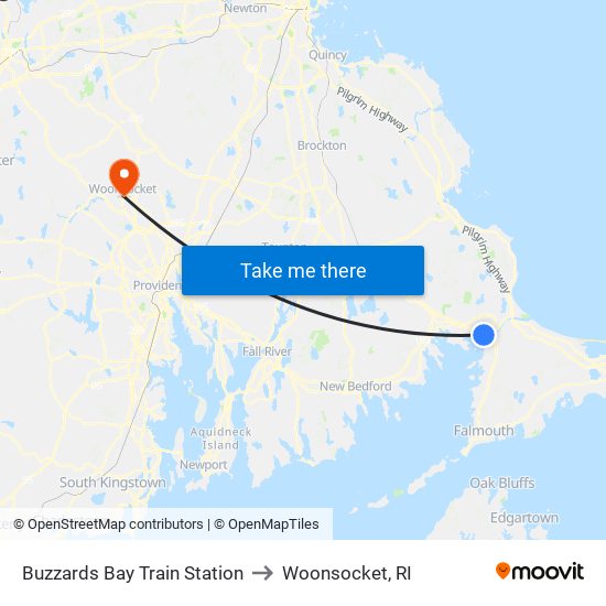 Buzzards Bay Train Station to Woonsocket, RI map