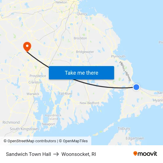 Sandwich Town Hall to Woonsocket, RI map