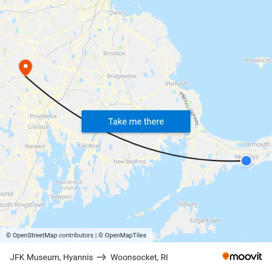 JFK Museum, Hyannis to Woonsocket, RI map