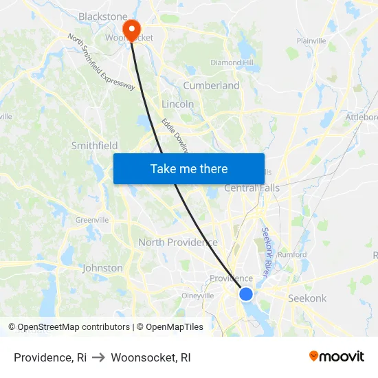 Providence, Ri to Woonsocket, RI map