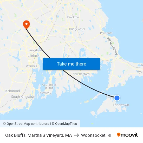 Oak Bluffs, Martha’S Vineyard, MA to Woonsocket, RI map