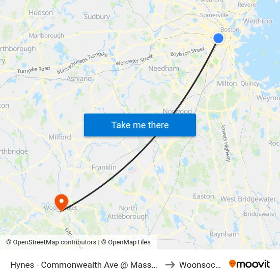 Hynes - Commonwealth Ave @ Massachusetts Ave to Woonsocket, RI map
