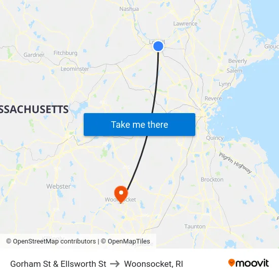Gorham St & Ellsworth St to Woonsocket, RI map