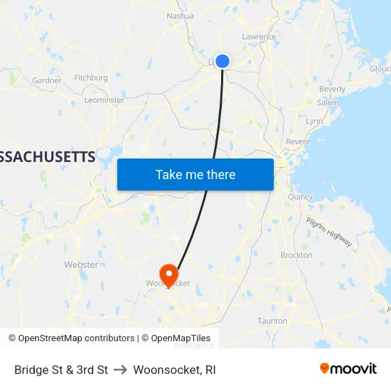 Bridge St & 3rd St to Woonsocket, RI map