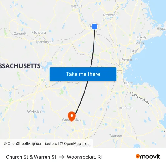 Church St & Warren St to Woonsocket, RI map