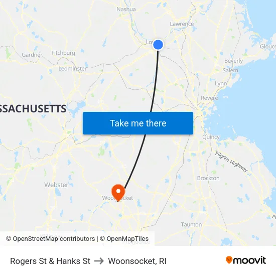 Rogers St & Hanks St to Woonsocket, RI map