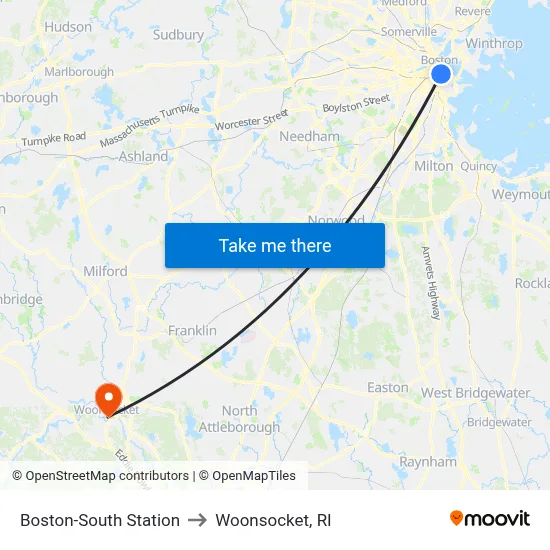 Boston-South Station to Woonsocket, RI map