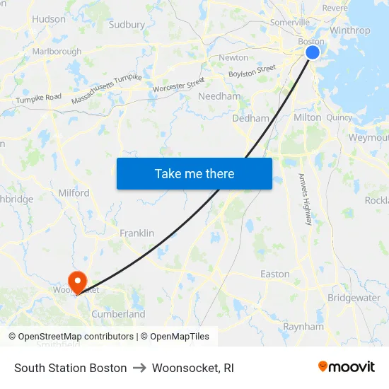 South Station Boston to Woonsocket, RI map