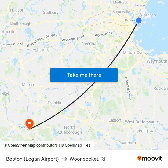 Boston (Logan Airport) to Woonsocket, RI map