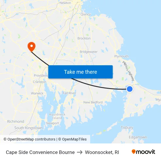 Cape Side Convenience Bourne to Woonsocket, RI map