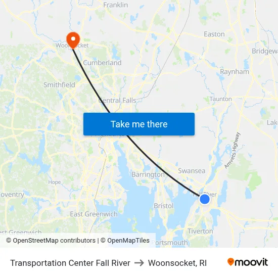 Transportation Center Fall River to Woonsocket, RI map