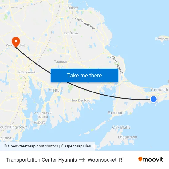 Transportation Center Hyannis to Woonsocket, RI map