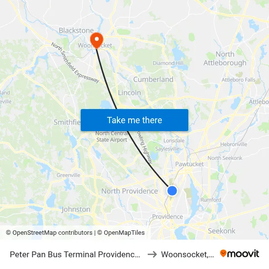 Peter Pan Bus Terminal Providence Ri to Woonsocket, RI map