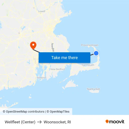 Wellfleet (Center) to Woonsocket, RI map