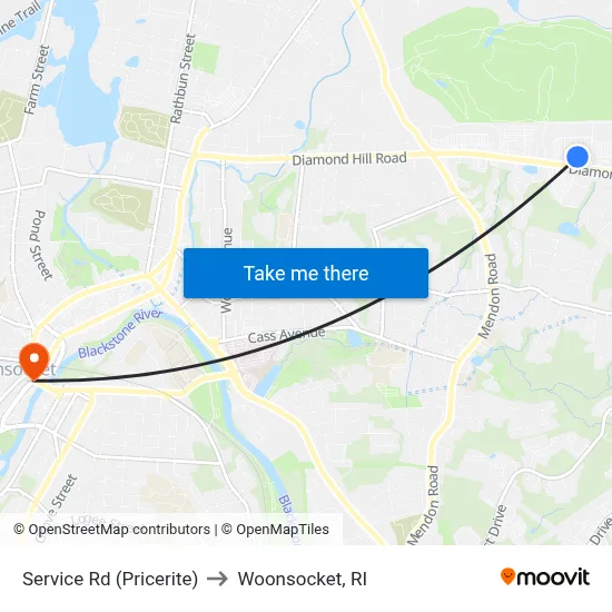 Service Rd (Pricerite) to Woonsocket, RI map