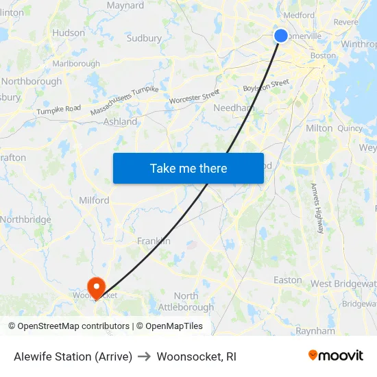 Alewife Station (Arrive) to Woonsocket, RI map