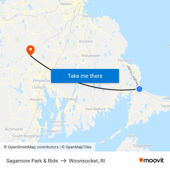 Sagamore Park & Ride to Woonsocket, RI map