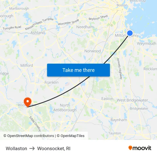 Wollaston to Woonsocket, RI map