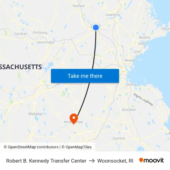 Robert B. Kennedy Transfer Center to Woonsocket, RI map