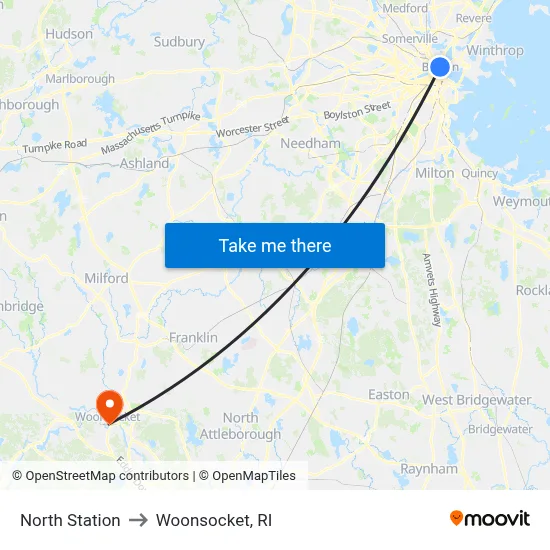 North Station to Woonsocket, RI map