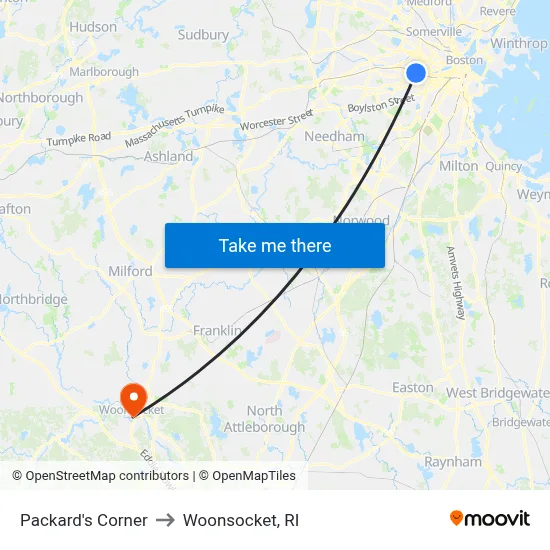 Packard's Corner to Woonsocket, RI map