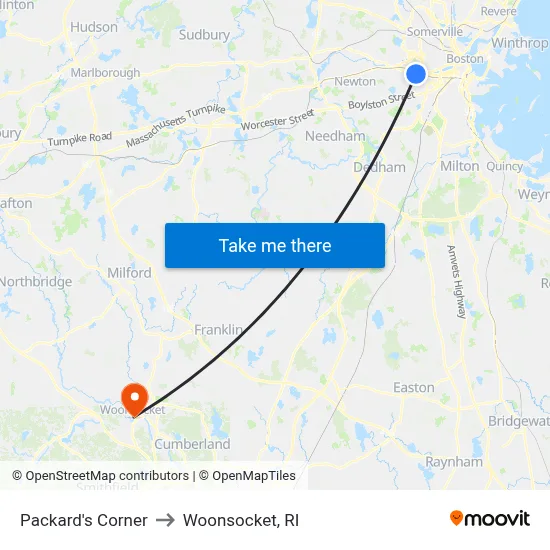Packard's Corner to Woonsocket, RI map