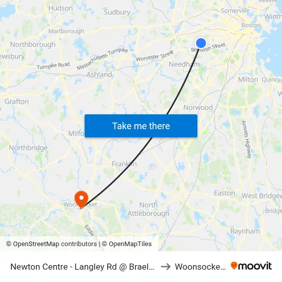 Newton Centre - Langley Rd @ Braeland Ave to Woonsocket, RI map
