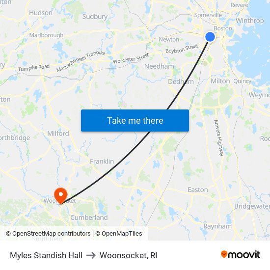 Myles Standish Hall to Woonsocket, RI map