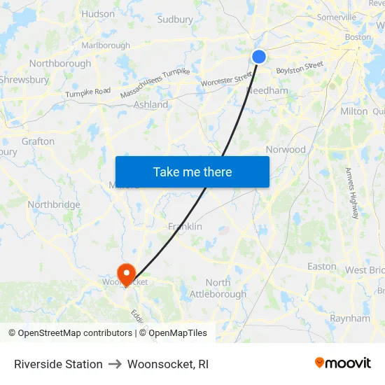 Riverside Station to Woonsocket, RI map